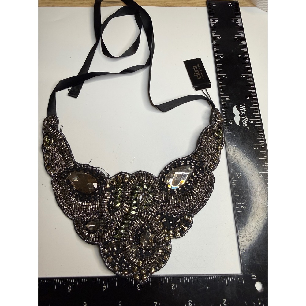 Cara New York Beaded Bib Statement Necklace Crystal Ribbon Tie Black Silver